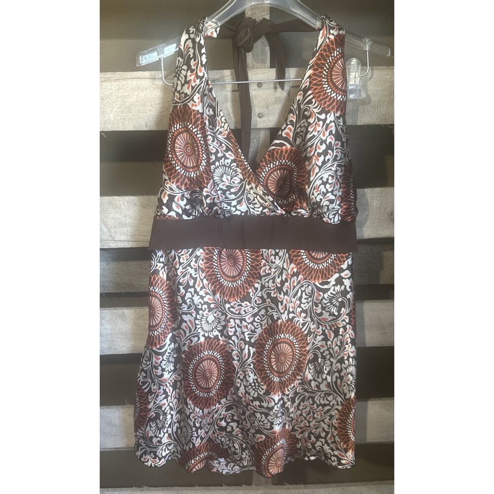 Ice Vanilla Y2K Satin Halter Top Size XL Botanical Geometric Print Brown Orange